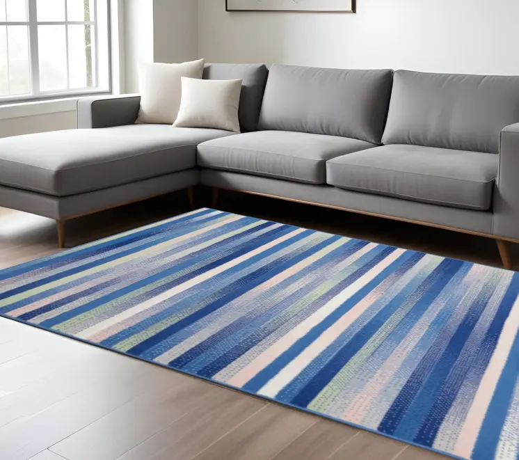 6' X 9' Blue And White Striped Distressed Area Rug