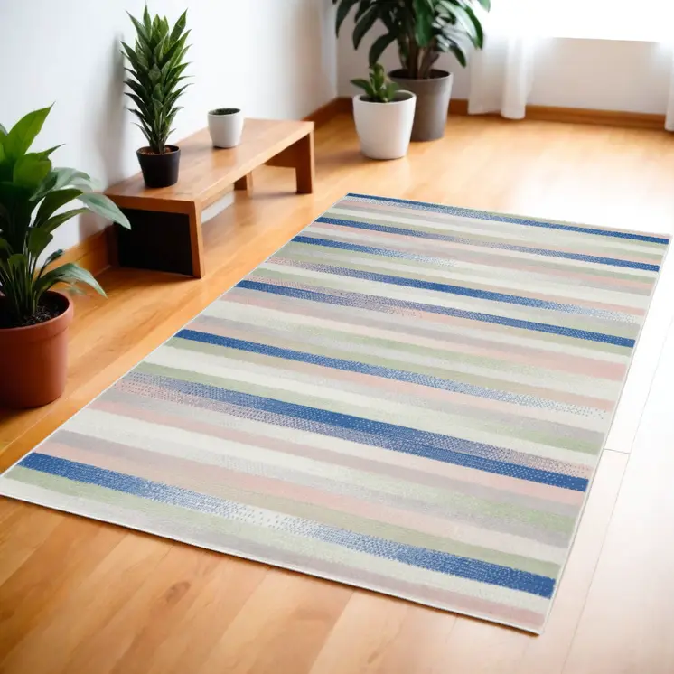 4' X 6' Ivory Blue And Green Striped Distressed Area Rug