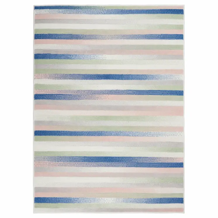 4' X 6' Ivory Blue And Green Striped Distressed Area Rug