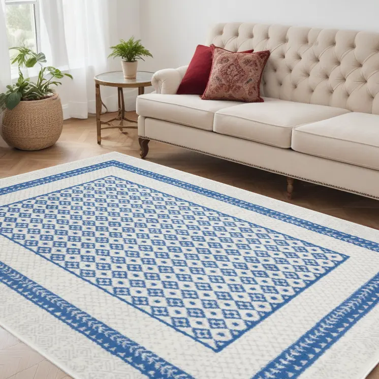 5' X 7' Ivory And Blue Geometric Area Rug
