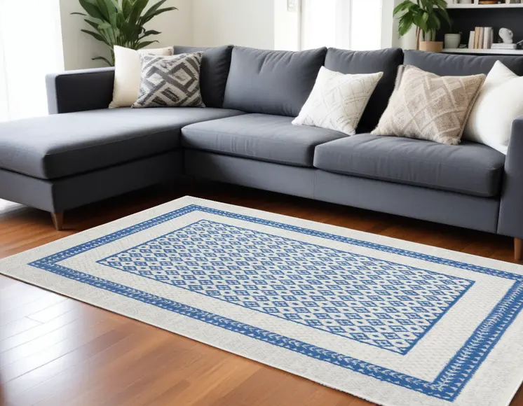 6' X 9' Ivory And Blue Geometric Area Rug