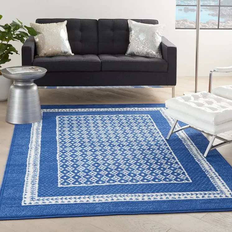 5' X 7' Blue And White Geometric Area Rug
