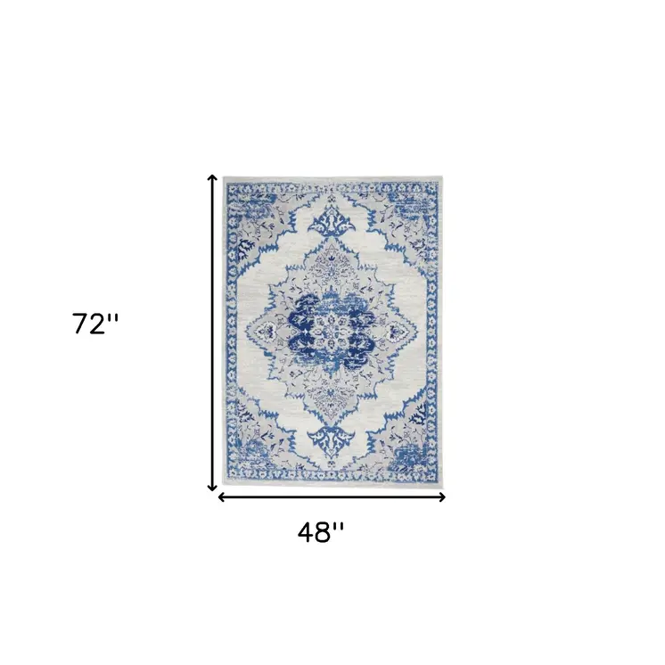 4' X 6' Ivory And Blue Medallion Area Rug