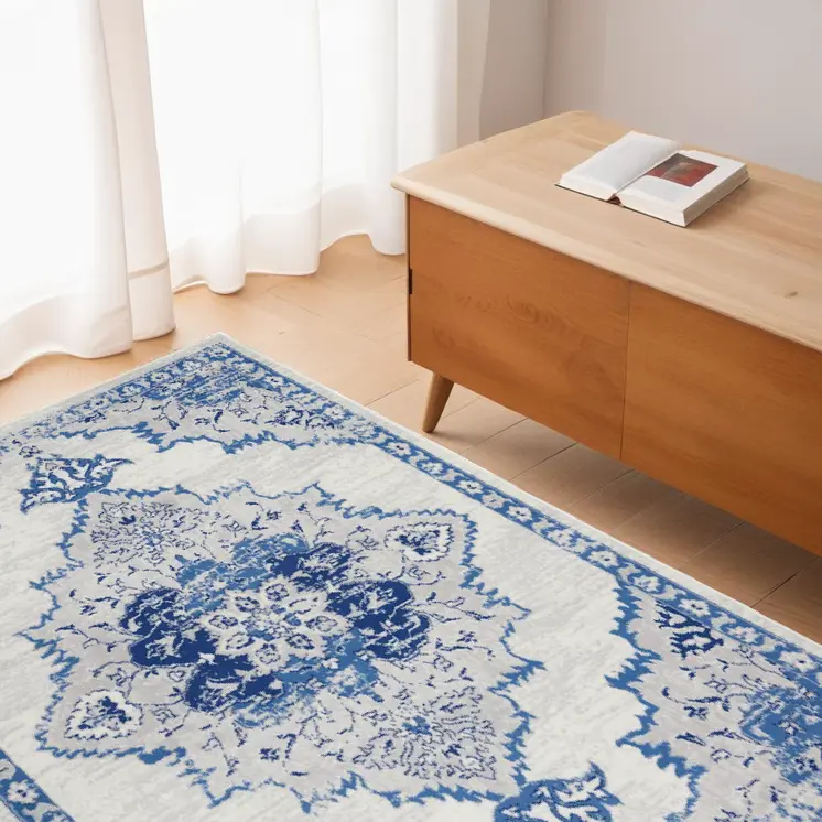 4' X 6' Ivory And Blue Medallion Area Rug