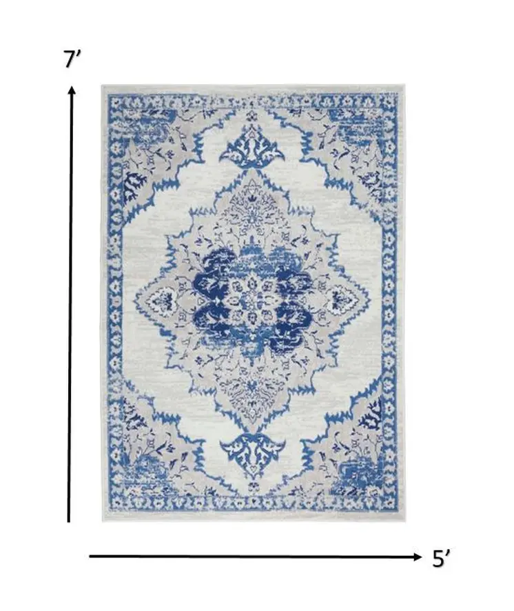 5' X 7' Ivory And Blue Medallion Area Rug
