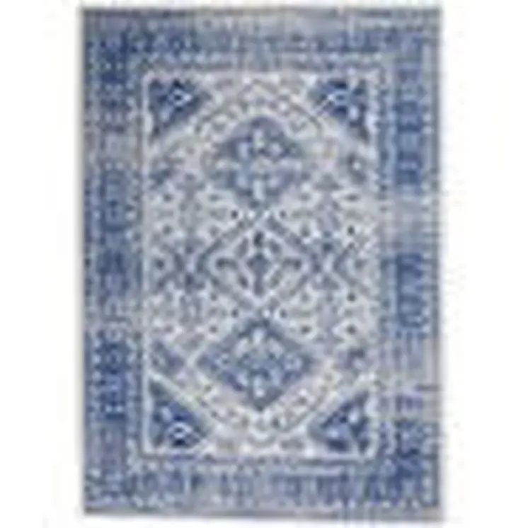 4' X 6' Ivory And Blue Geometric Distressed Area Rug
