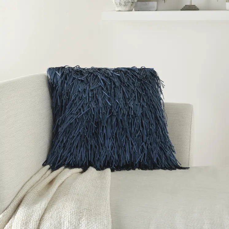 20" Navy Blue Textured Throw Pillow with Fringe
