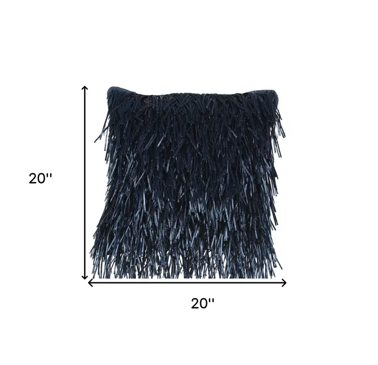 20" Navy Blue Textured Throw Pillow with Fringe