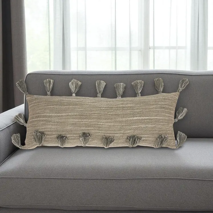 13" X 33" Gray Polyester Blend Throw Pillow With Tassels