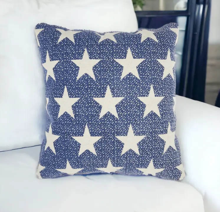 20" Ivory And Navy Blue Stars Cotton Throw Pillow
