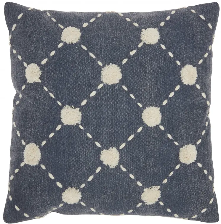 20" Ivory And Navy Blue Geometric Cotton Throw Pillow with Pompoms