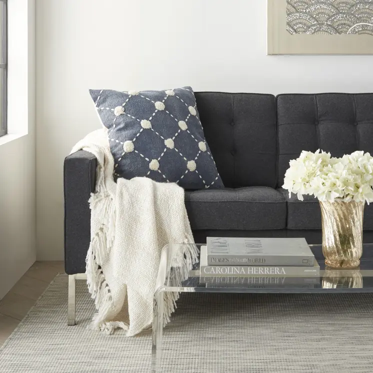 20" Ivory And Navy Blue Geometric Cotton Throw Pillow with Pompoms