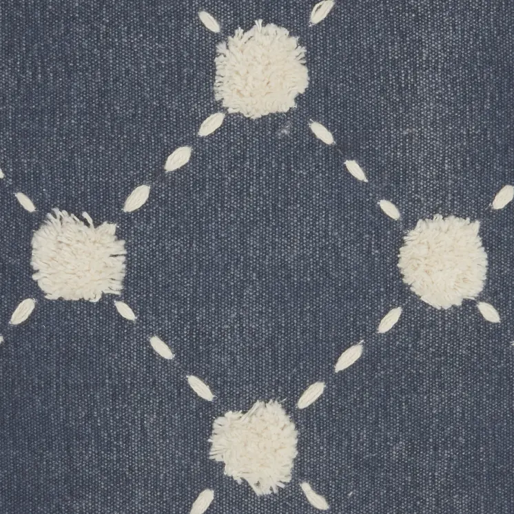20" Ivory And Navy Blue Geometric Cotton Throw Pillow with Pompoms