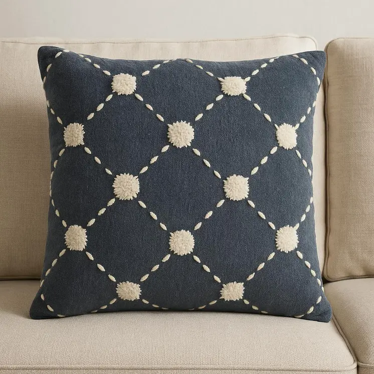 20" Ivory And Navy Blue Geometric Cotton Throw Pillow with Pompoms