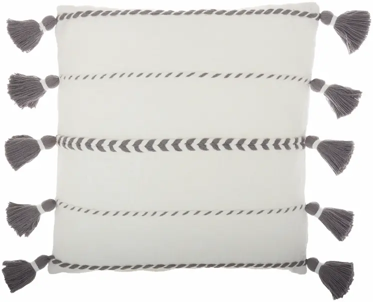 Bohemian White Cotton Accent Pillow With Grey Tassel Details