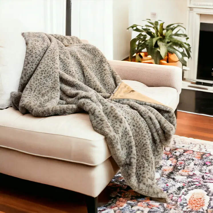 50" X 60" Brown and Taupe Faux Fur Animal Print Plush Throw Blanket