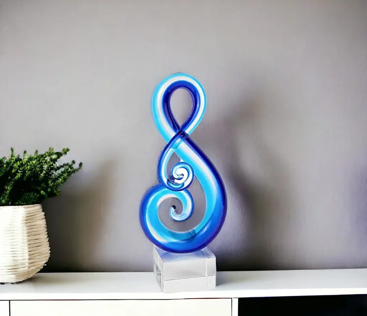 12" Clear and Blue Murano Glass Modern Abstract Tabletop Sculpture