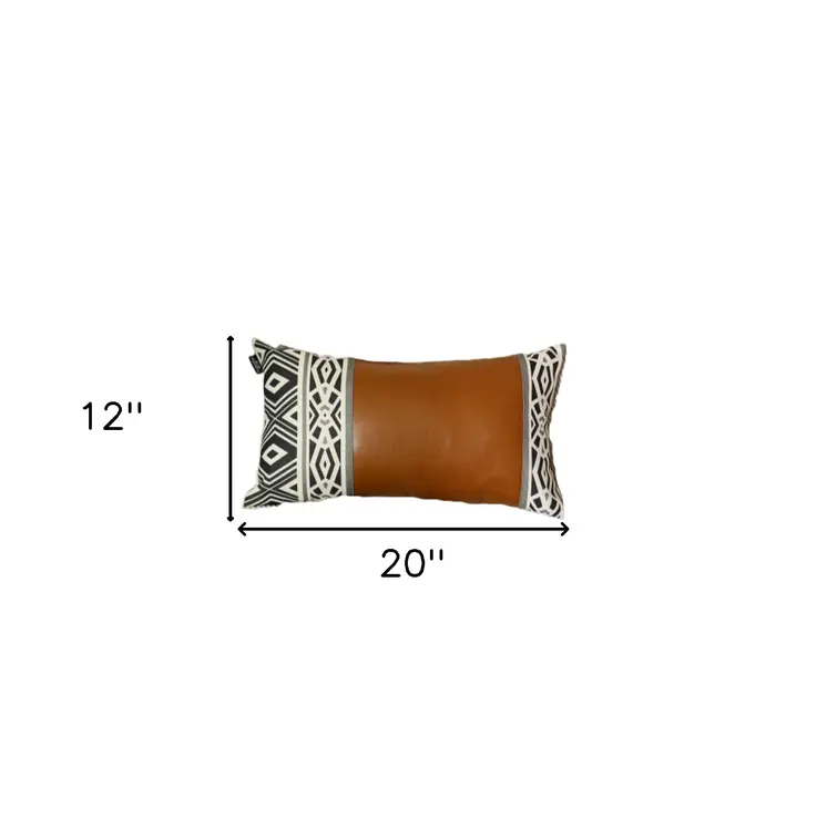 12" X 20" Brown and White Faux Leather Lumbar Throw Pillow Cover