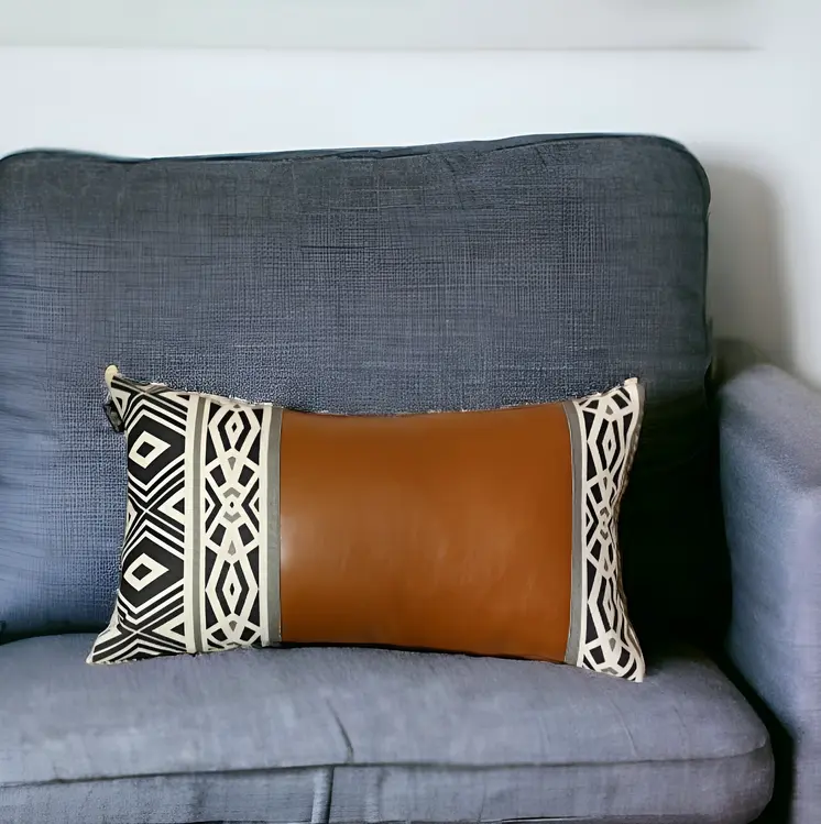 12" X 20" Brown and White Faux Leather Lumbar Throw Pillow Cover