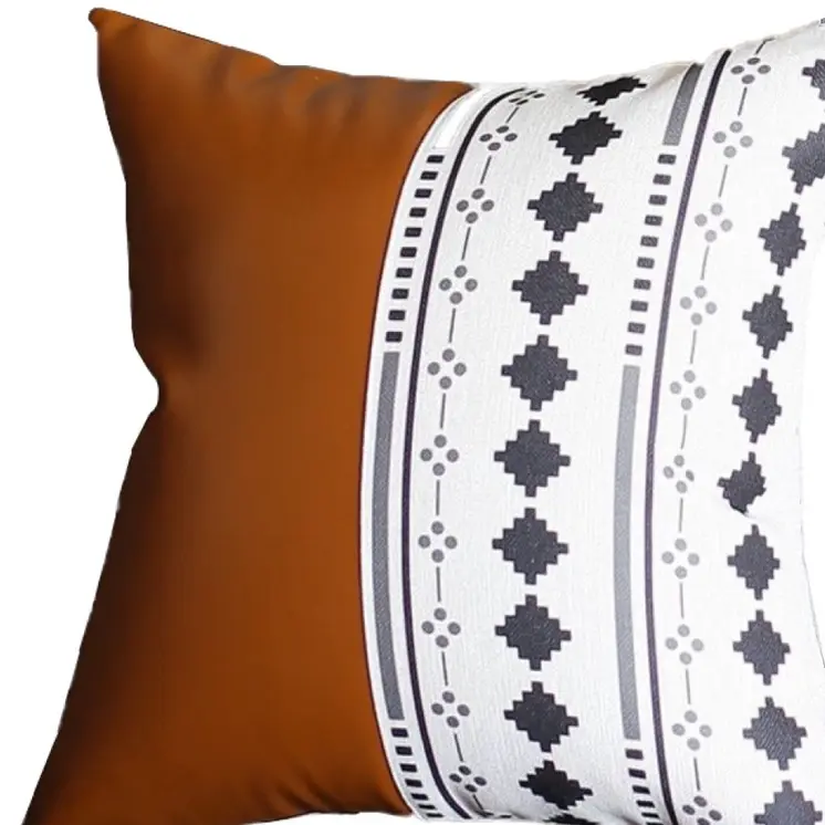 17" Brown and White Faux Leather Throw Pillow Cover