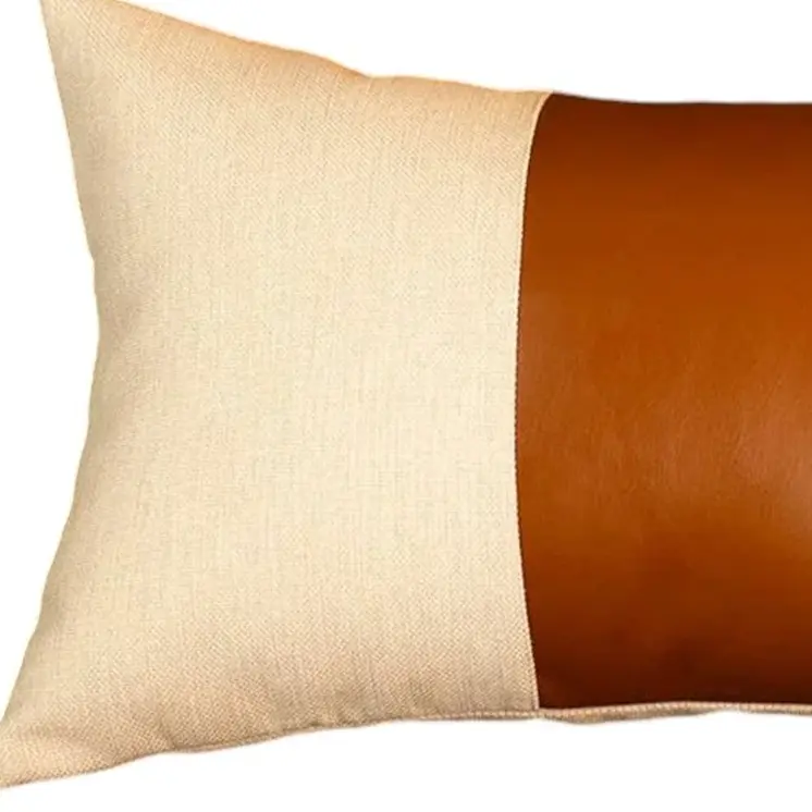 12" X 20" Brown and White Faux Leather Throw Pillow Cover