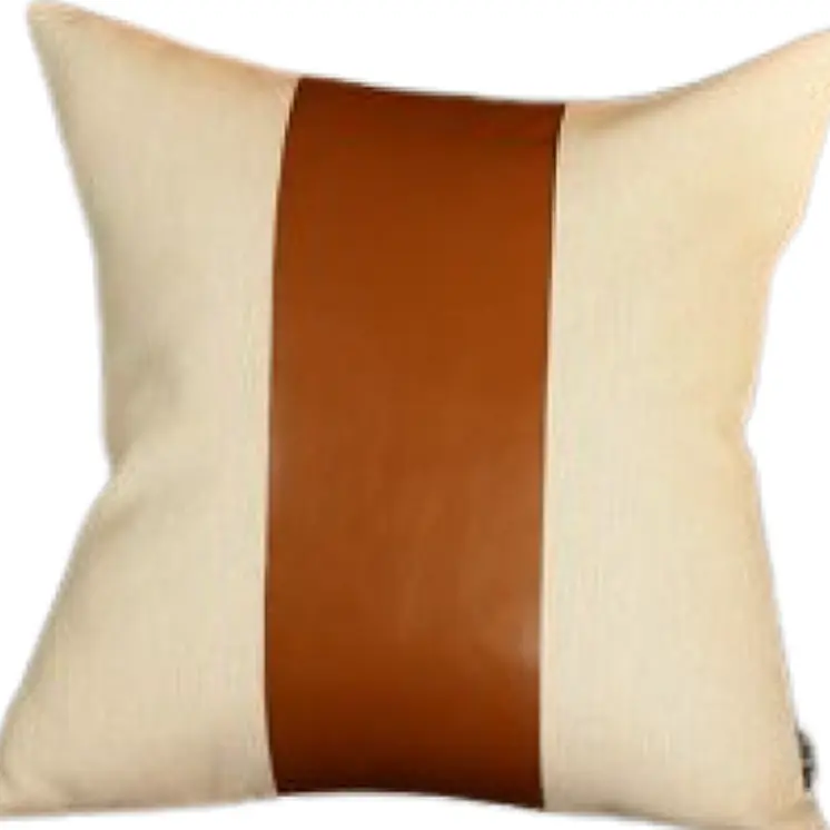 17" Ivory And Brown Fabric And Faux Leather Throw Pillow Cover