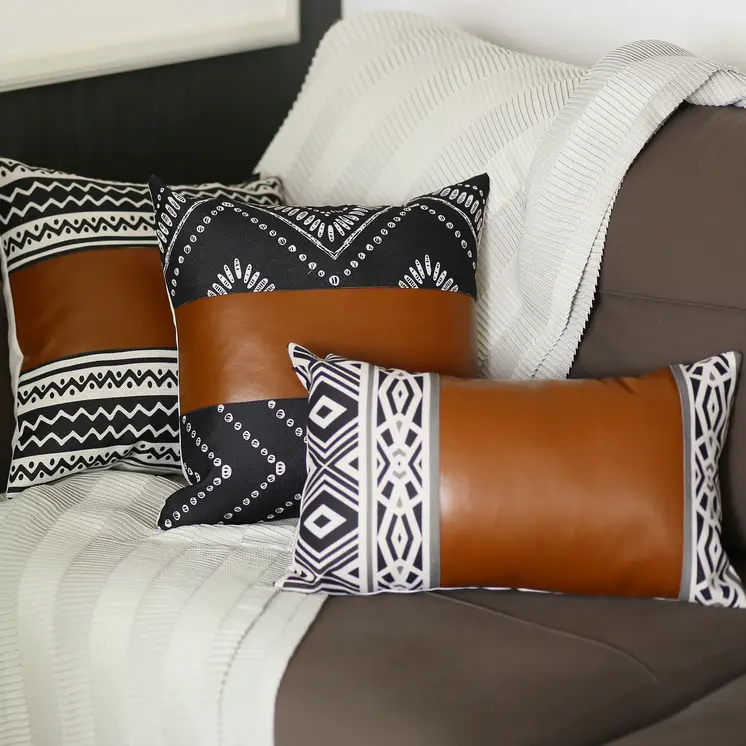 Set of Two 17" Black White And Brown Geometric Faux Leather And Fabric Throw Pillow Covers