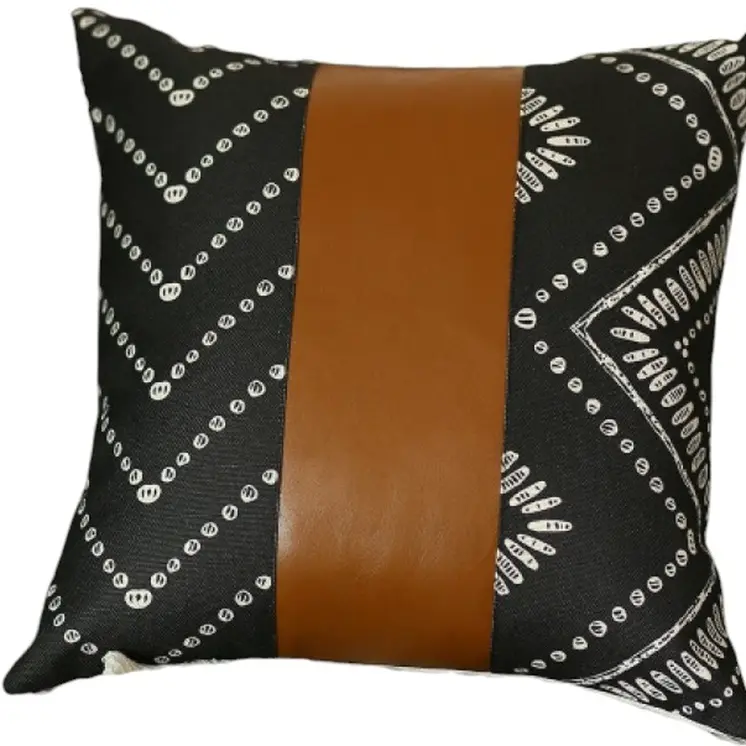 Set of Two 17" Black White And Brown Geometric Faux Leather And Fabric Throw Pillow Covers