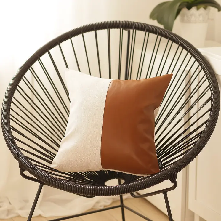 Set of Two 17" Brown And White Faux Leather Throw Pillow Covers