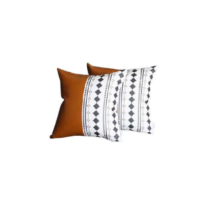 Set of Two 17" Brown And White Faux Leather Throw Pillow Covers