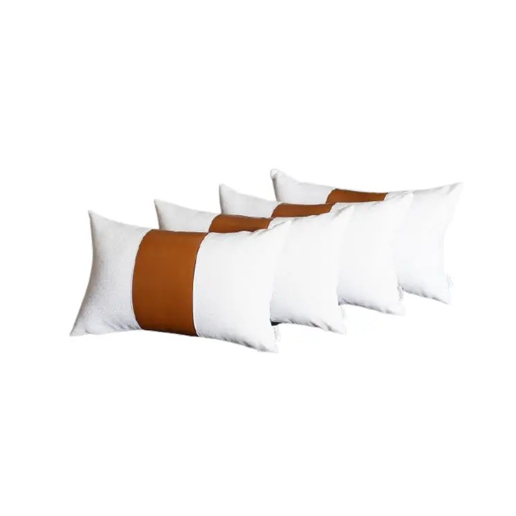 Set of Four 12" X 20" Brown And White Faux Leather Throw Pillow Covers