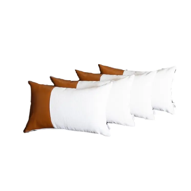 Set of Four 12" X 20" Brown And White Faux Leather Throw Pillow Covers