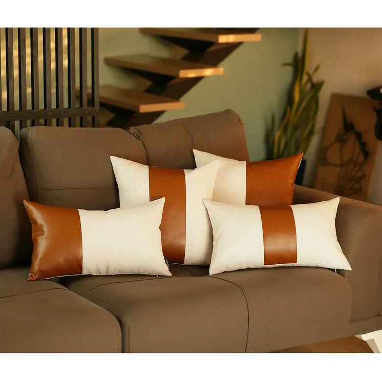 Set of Four 12" X 20" Brown And White Faux Leather Throw Pillow Covers
