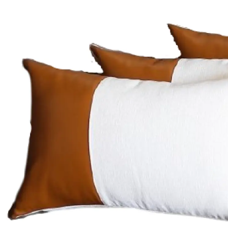Set of Four 12" X 20" Brown And White Faux Leather Throw Pillow Covers