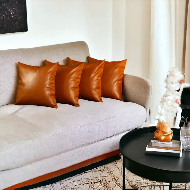 Set of Four 20" Brown Faux Leather Throw Pillow Covers