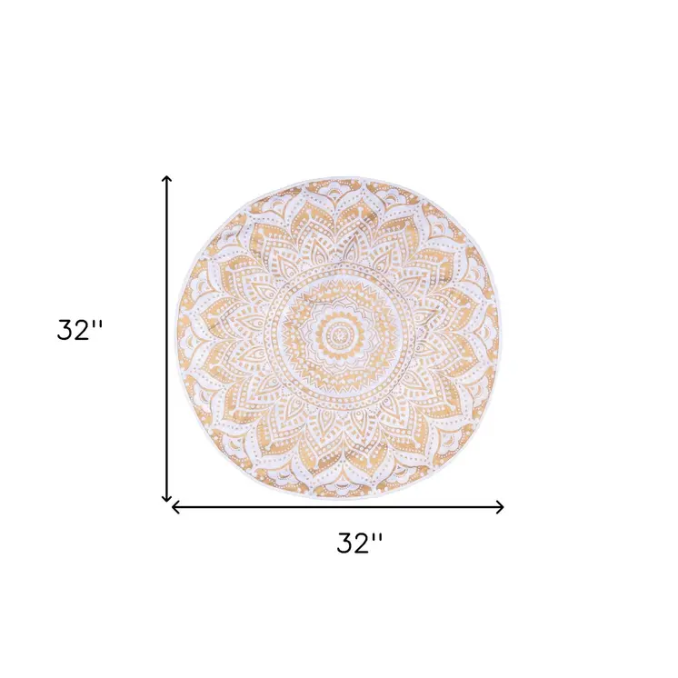 32" X 32" Gold And White Round Geometric Cotton Floor Throw Pillow Cover