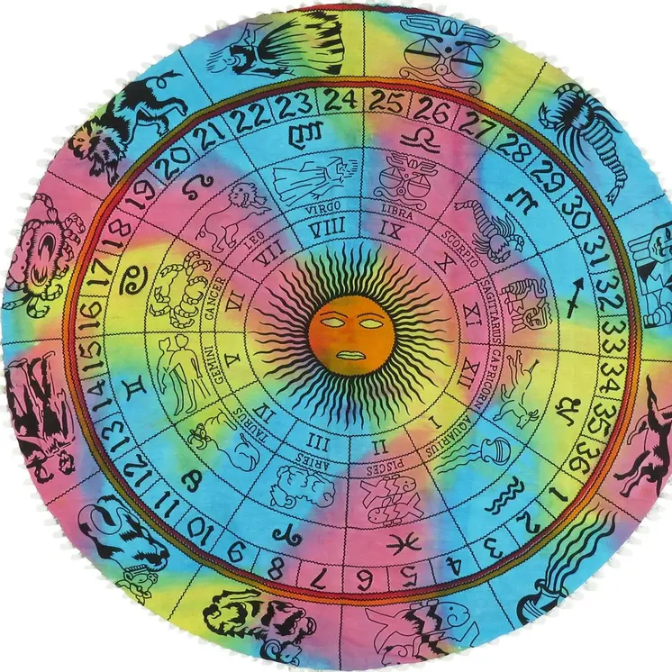 32" X 32" Blue And Pink Round Horoscope Fabric Floor Throw Pillow Cover with Pompoms