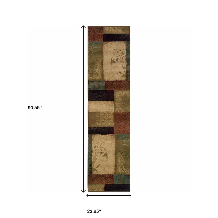 2' X 8' Beige And Brown Floral Block Pattern Runner Rug