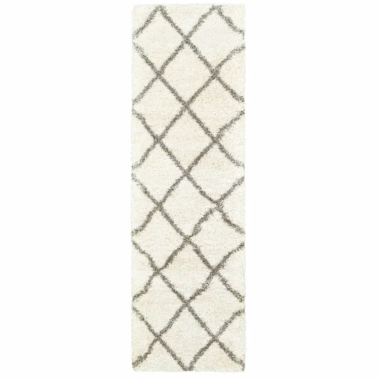 2' X 8' Ivory And Gray Geometric Lattice Runner Rug