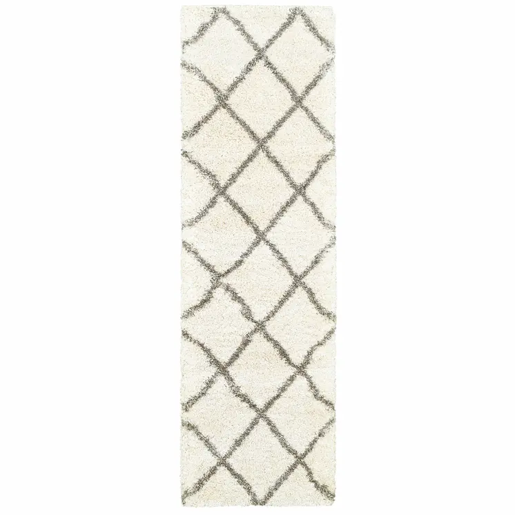2' X 8' Ivory And Gray Geometric Lattice Runner Rug