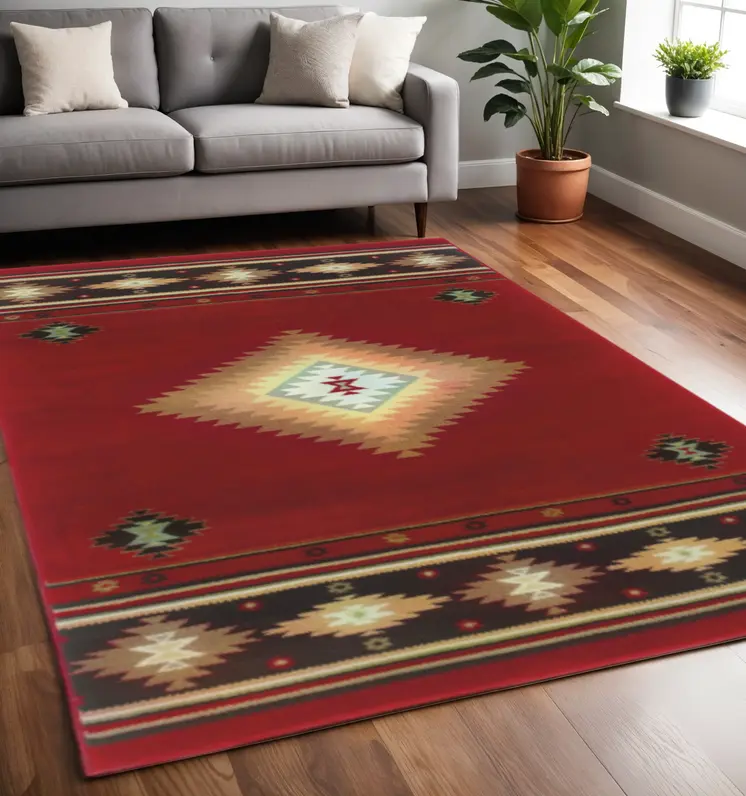 5' X 8' Red And Beige Ikat Pattern Area Rug