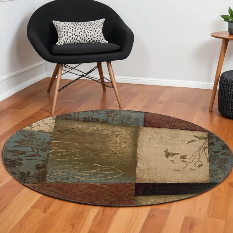 8’ Round Beige And Brown Floral Block Pattern Area Rug