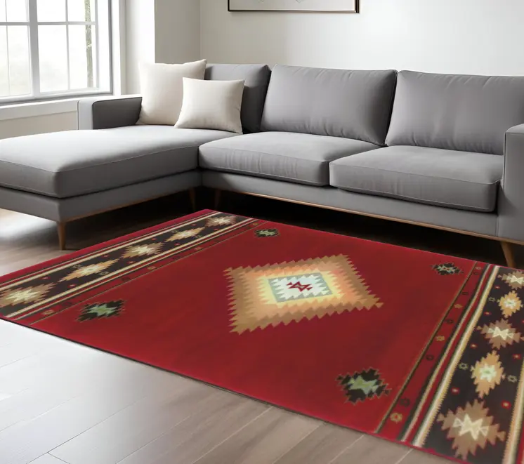 7' X 10' Red And Beige Ikat Pattern Area Rug