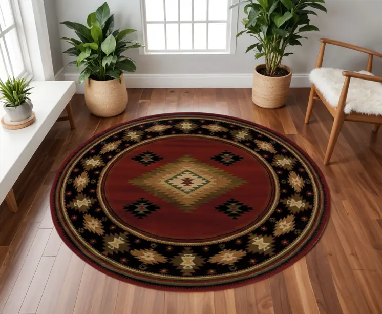 8’ Round Red And Beige Ikat Pattern Area Rug