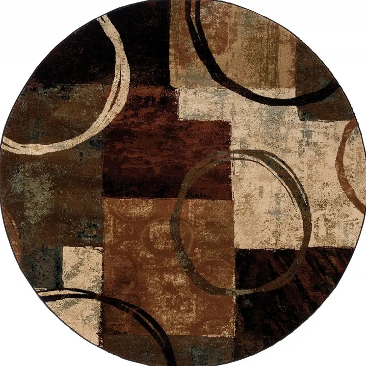 8’ Round Brown And Black Abstract Geometric Area Rug