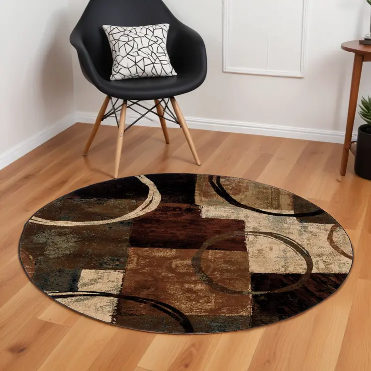 8’ Round Brown And Black Abstract Geometric Area Rug