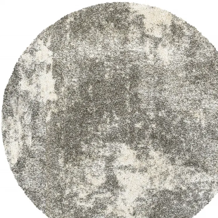 8' Round Gray And Ivory Distressed Abstract Area Rug