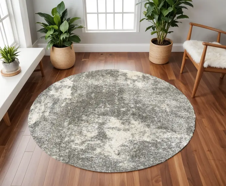 8' Round Gray And Ivory Distressed Abstract Area Rug