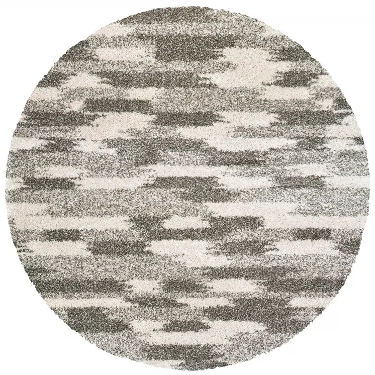 8’ Round Gray And Ivory Geometric Pattern Area Rug