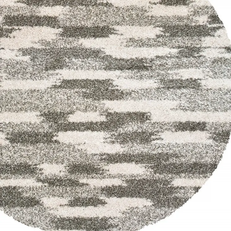 8’ Round Gray And Ivory Geometric Pattern Area Rug